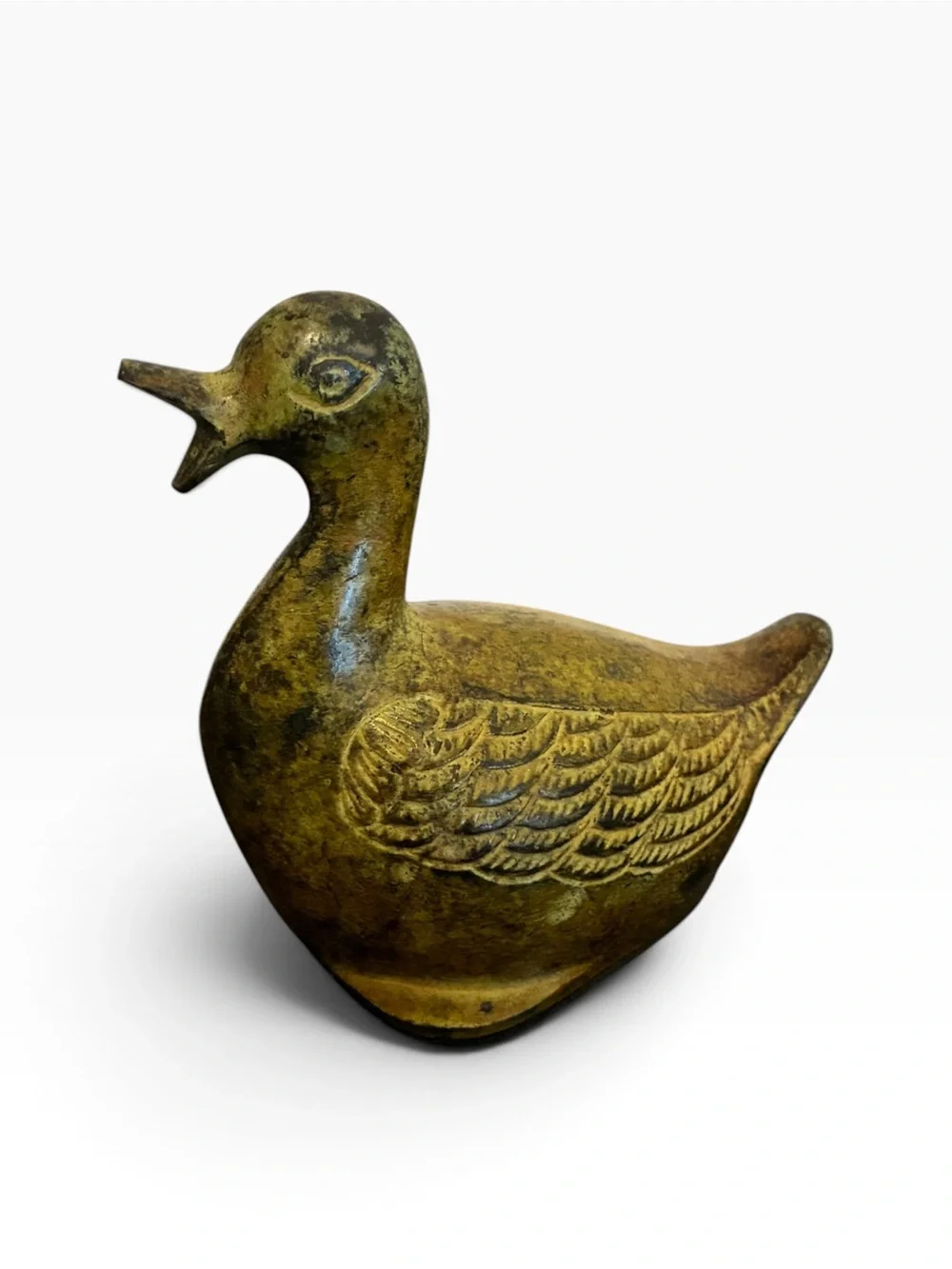Vintage Bronze Duck Figurine Etched Wing Detail Aged Patina Paperweight Decor